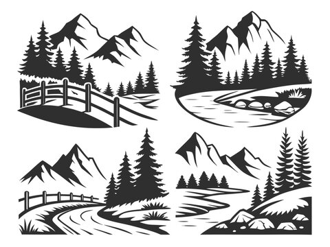 distinctive outdoor emblems featuring deep forest valleys, layered mountain silhouettes, narrow rivers, wooden bridges, hiking paths, and distant peaks. Keep the artwork strictly black on a pure white