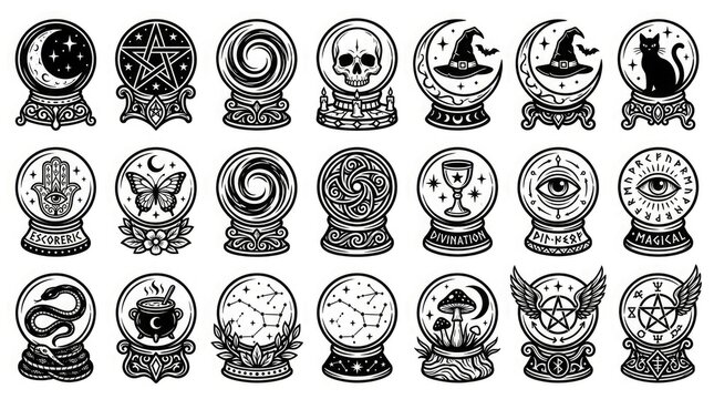 Set of mystical crystal balls with various occult and magical symbols for halloween designs and fortune telling themes