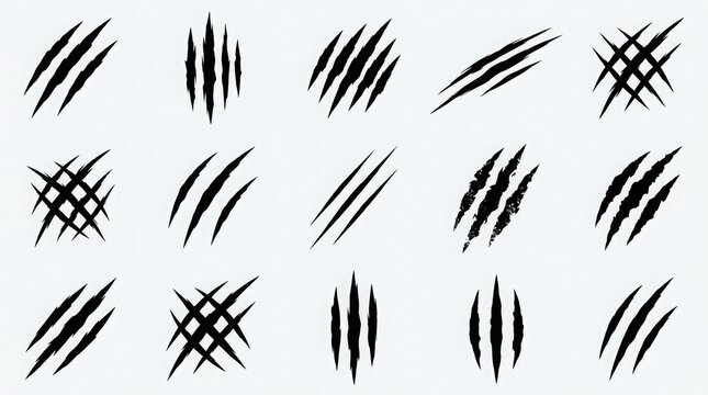 Set of various black claw marks and scratch patterns isolated on a light gray background for design