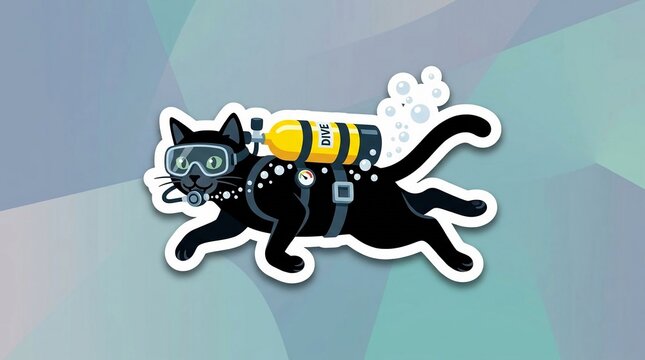 Vector sticker illustration of a black cat wearing professional scuba diving equipment with a mask, regulator, and yellow oxygen tank, swimming horizontally with air bubbles.