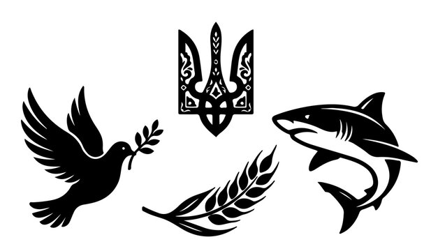 Ukrainian symbols vector set peace dove trident wheat ear and shark silhouette