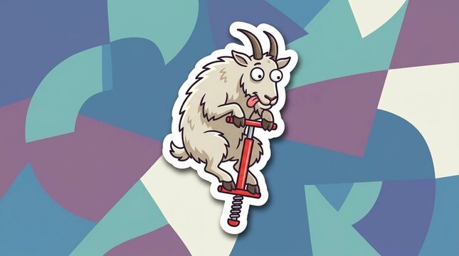 Whimsical cartoon illustration of a silly white goat with its tongue out jumping on a red pogo stick, designed as a sticker against a blue and purple abstract geometric background.