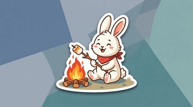 White rabbit sticker illustration roasting marshmallow over campfire with logs on blue geometric background, cartoon bunny character in red bandana camping outdoors in nature.