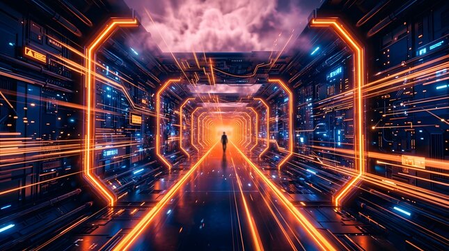 A silhouette of a person walking through a futuristic glowing neon corridor with bright orange light trails and technology