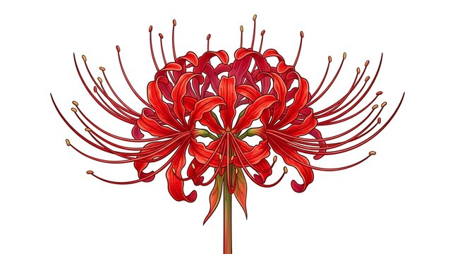 Vibrant red spider lily flower bloom isolated on white background