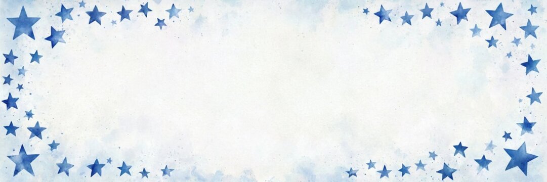 watercolor blue stars border on textured white paper with large copy space for patriotic holiday design