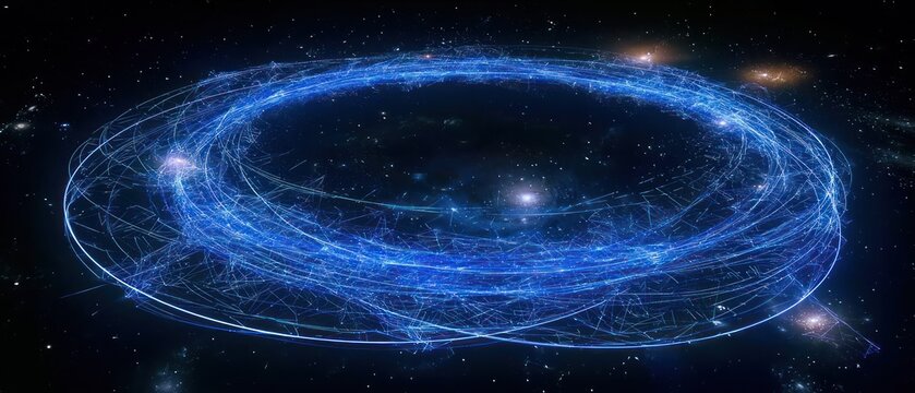 Abstract blue energy swirl in deep space with galaxies and stars