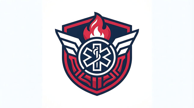Emergency Medical Services Shield Emblem Logo with Wings and Fire Flame Mascot