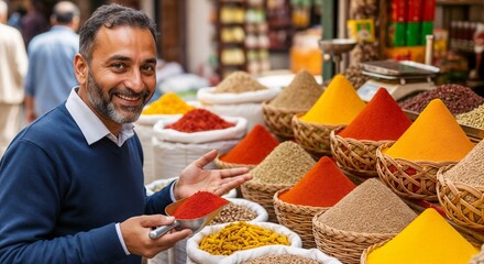 Obraz premium Indian market vendor showcasing vibrant spices with neatly arranged baskets of colorful spices. Indian market setting features a smiling vendor holding a handful of spices in inviting display.