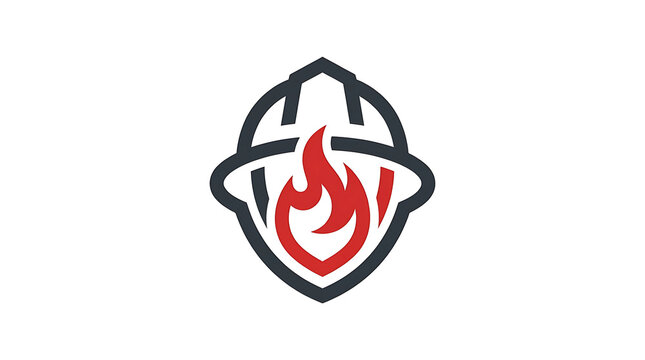 Firefighter Helmet and Shield Logo with Red Flame for Emergency Services and Fire Safety Protection