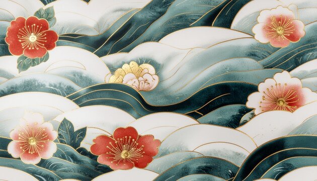Yuzen style teal and coral plum blossom pattern on textured washi paper