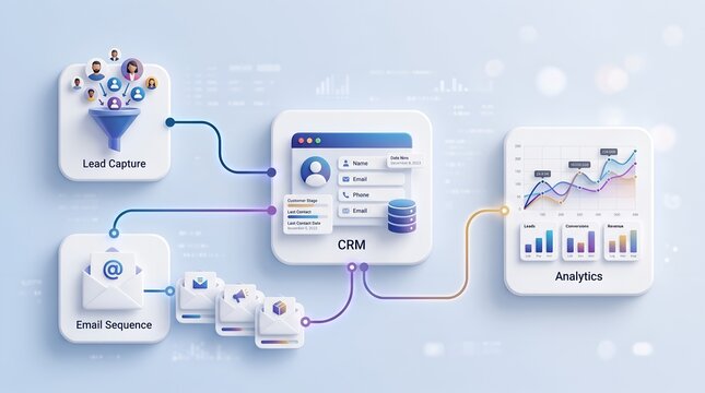 Advanced marketing automation workflow concept displaying highly detailed 3d interfaces for lead generation customer relationship management email sequencing and data analytics dashboards.