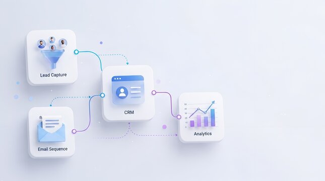 Digital marketing sales funnel diagram featuring 3d application icons for lead capture crm software email sequencing and data analytics representing an automated customer journey.