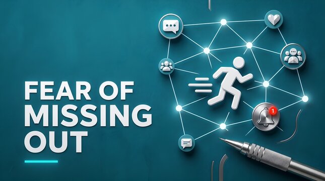 Fear of missing out typography with a 3d running figure navigating a digital network of social media notifications representing modern digital anxiety and internet psychology.