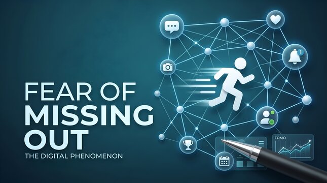 Fear of missing out digital phenomenon concept with running figure on connected network graph and social media icons representing modern internet psychology and marketing trends.