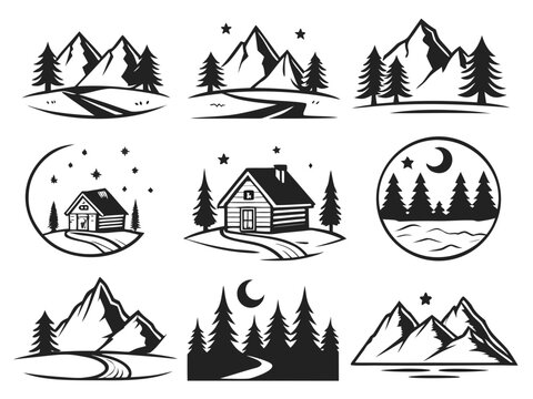 premium badge-style icons featuring mountain cabins, alpine peaks, pine trees, campfire symbols, winding paths, crescent moons, and small landscape details. Each composition should be centered, visual