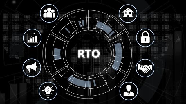 Rto return to office corporate strategy concept with animated digital hud interface featuring business for workplace management, hybrid work planning, and organizational workflow optimization