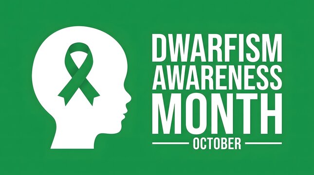 Dwarfism awareness month banner featuring a green ribbon inside a child head silhouette on a solid green background for october