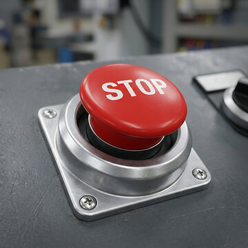 Red emergency stop button on an industrial machine panel illustration