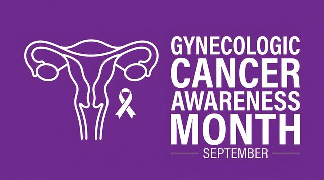 Gynecologic cancer awareness month graphic with a female reproductive system outline and a purple ribbon on a solid purple background
