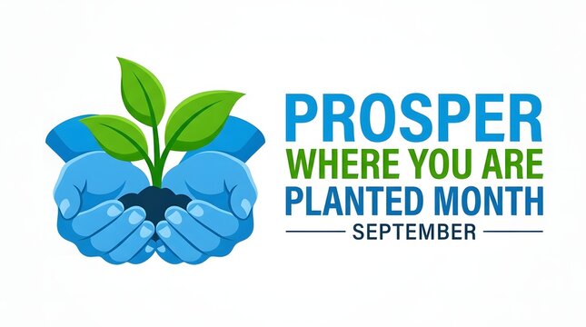 Hands holding a small green plant with text reading prosper where you are planted month celebrated during the month of september