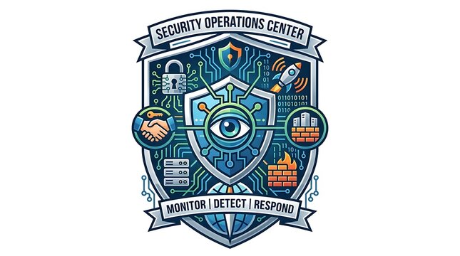Cyber security operations center emblem with digital protection icons