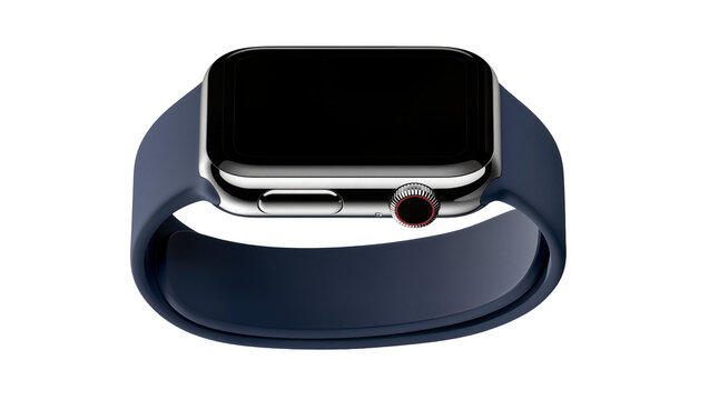 Shiny metallic smartwatch with dark blue silicone band, isolated on transparent background