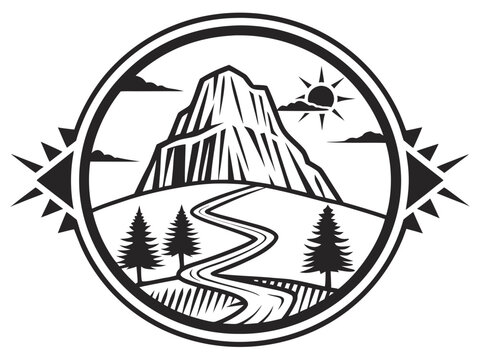 premium black vector emblem featuring a distinctive layered mountain monument, a narrow winding trail leading toward the summit, two small pine trees, and a rising half-sun. Use a clean circular badge