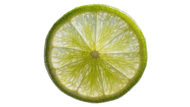 Translucent green lime slice with visible pulp and rind, isolated on transparent background