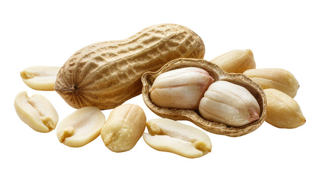 Whole peanut shell with opened halves and loose kernels, isolated on transparent background