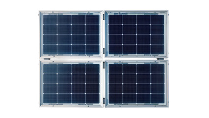 Four dark blue solar panels with silver frames, isolated on transparent background © Aliona