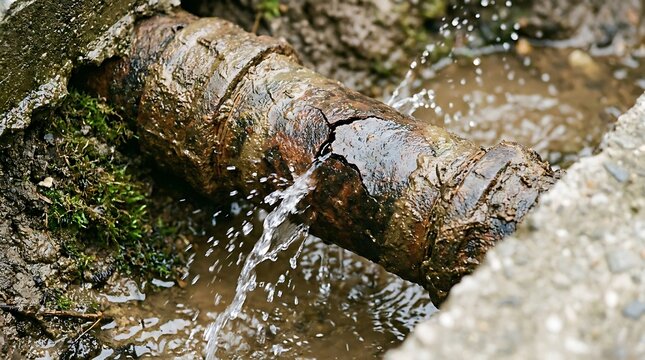 Close up of a cracked and leaking rusty metal pipe