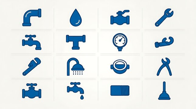 Set of blue plumbing and construction icons