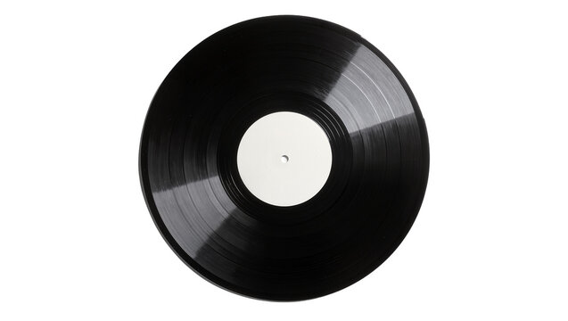 Black vinyl record with white label, isolated on transparent background