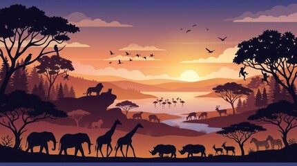 Naklejka premium Safari Sunset African Wildlife Scene.