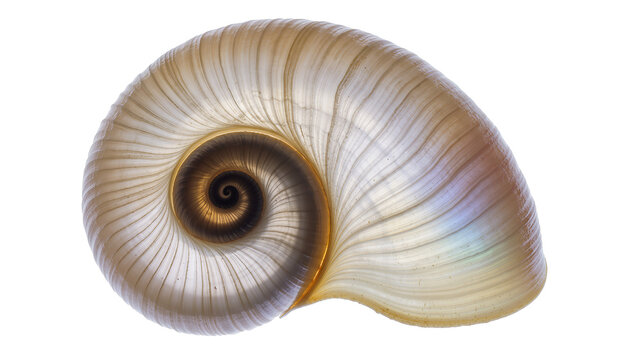 Translucent spiral nautilus shell with iridescent highlights, isolated on transparent background