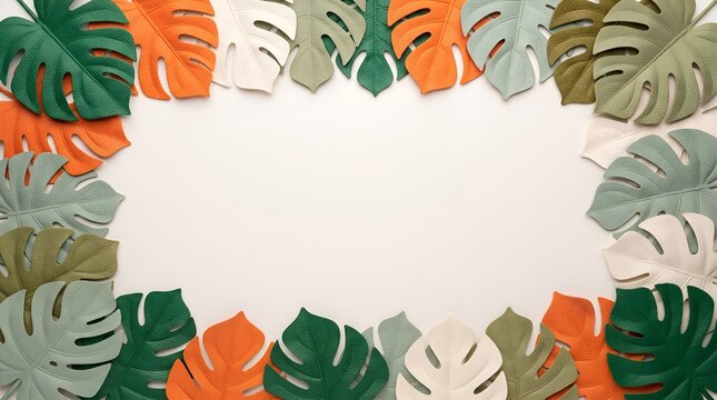 Colorful monstera leaf border frame on a plain white background.