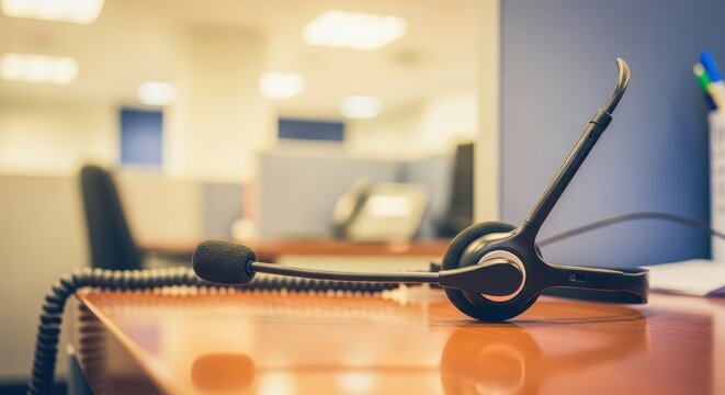 Close-up of a black headset with a microphone on a wooden desk in a modern office, ready for customer service calls
