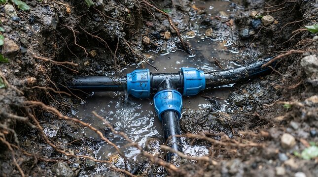 Leaking black plastic pipe joint with blue compression fittings in dirt