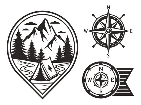 sophisticated modern outdoor crests using unique combinations of mountain peaks, forest canopies, rivers, compass stars, hiking trails, summit flags, and adventure symbols. Every badge should have a d