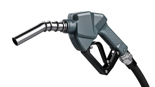 Gray fuel nozzle with chrome spout and black handle, isolated on transparent background