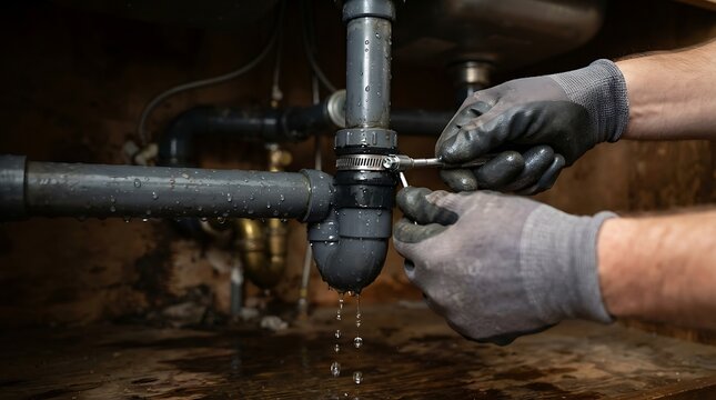 Plumber repairing a leaking drain pipe under a kitchen sink