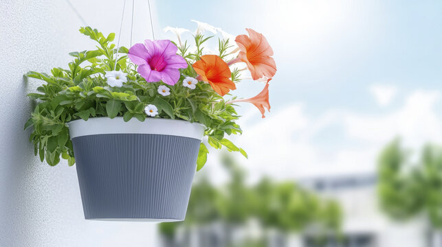 Hanging flower pot with vibrant blooms, showcasing colorful petunias and white flowers against bright background