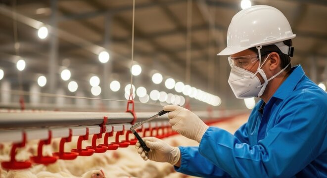 Poultry farm worker wearing protective gear meticulously checks water lines for health and safety protocols