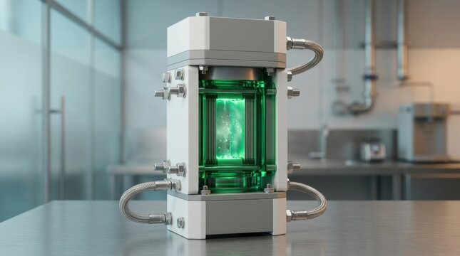 Advanced hydrogen power generator module with green energy core and industrial connections.