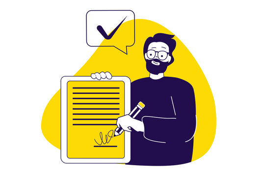 Digital signature modern flat concept for web banner design. Man signing legal documents with electronic identification certificate with verification. Illustration with isolated people scene.