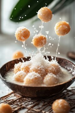 khanom bua loy flying with coconut milk and taro balls, isolated on white background