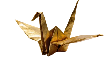 Fototapete Kraniche Shiny golden origami paper crane bird, isolated on transparent background  © Sorin