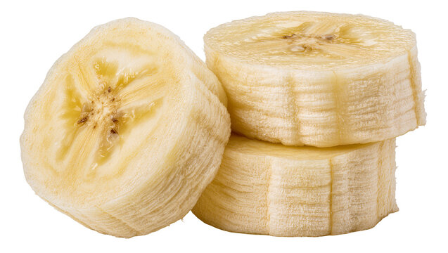 Three thick banana slices stacked, isolated on transparent background