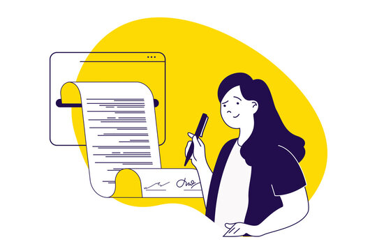 Digital signature modern flat concept for web banner design. Businesswoman writing online electronic sign at official documents or transaction papers. Illustration with isolated people scene.